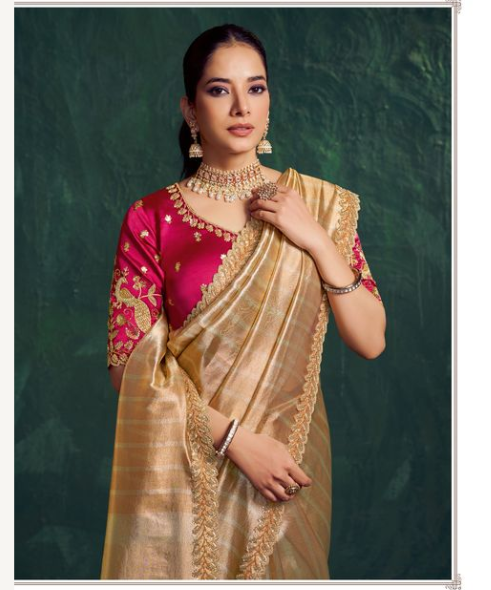 Light Golden Kanjivaram Zari Tissue Saree | Traditional Motif with Beads Work