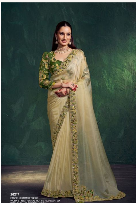 Lemon Yellow Shimmer Tissue Saree | Floral Motifs with Zari and Position Work