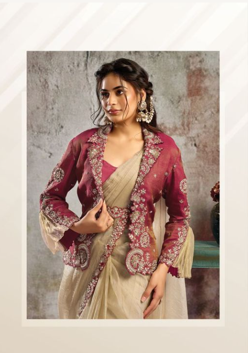 Golden Red Crystal Organza Satin Saree | Dual Sequins & Multi Stone Handwork with Tube Blouse, Jacket & Belt