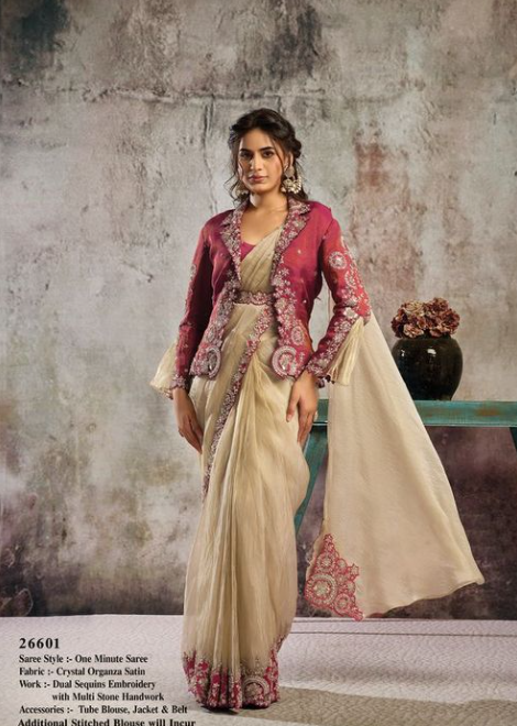 Golden Red Crystal Organza Satin Saree | Dual Sequins & Multi Stone Handwork with Tube Blouse, Jacket & Belt