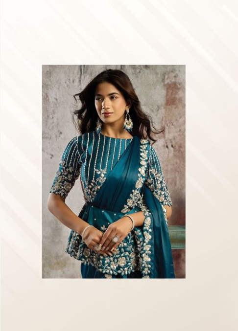 Teal Blue Lustrous Satin Saree | Dual Sequins & Crystal Rhinestone Handwork with Peplum Blouse