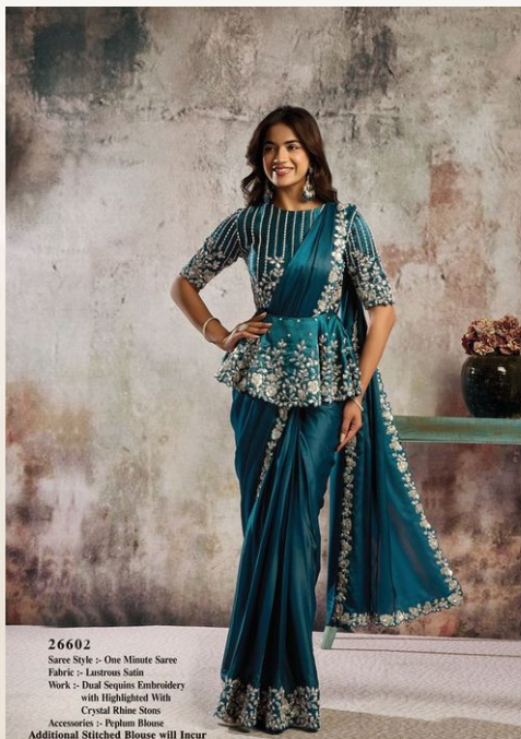 Teal Blue Lustrous Satin Saree | Dual Sequins & Crystal Rhinestone Handwork with Peplum Blouse