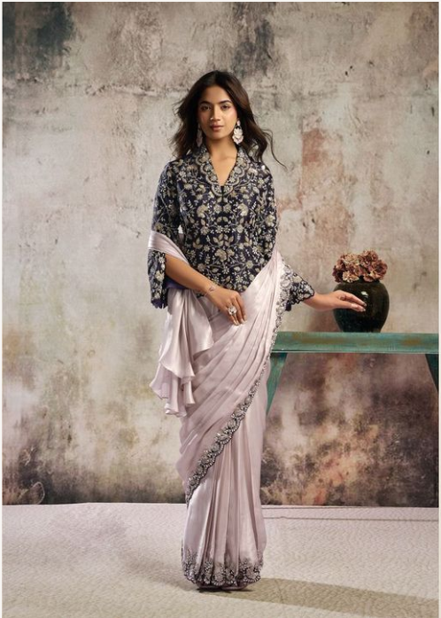 Cream Purple Metallic Glossy Satin Saree | Multi Stone Handwork & Dual Sequins with Blazer Style Blouse