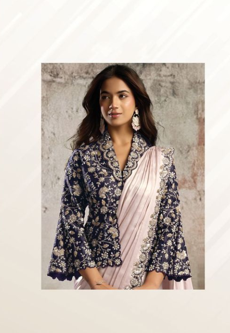Cream Purple Metallic Glossy Satin Saree | Multi Stone Handwork & Dual Sequins with Blazer Style Blouse