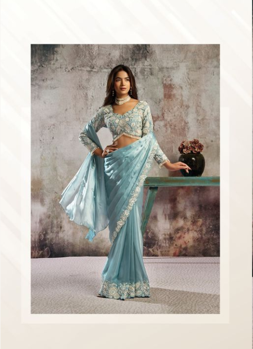 Ice Blue Lustrous Satin Saree | Sequins, Pearl & Mirror Handwork with Matching Blouse and Belt