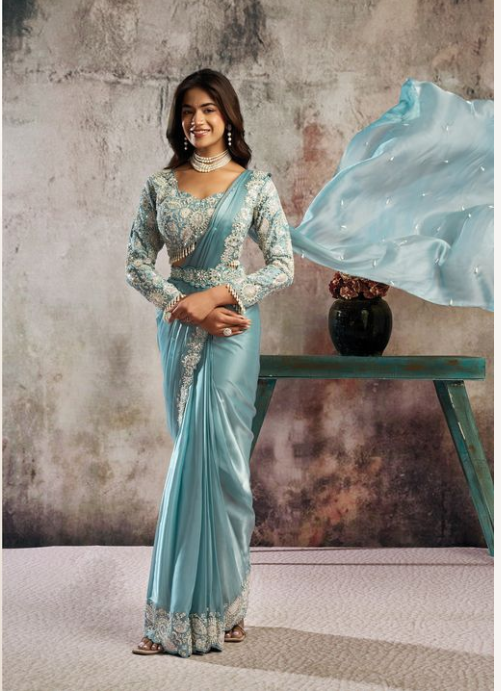Ice Blue Lustrous Satin Saree | Sequins, Pearl & Mirror Handwork with Matching Blouse and Belt
