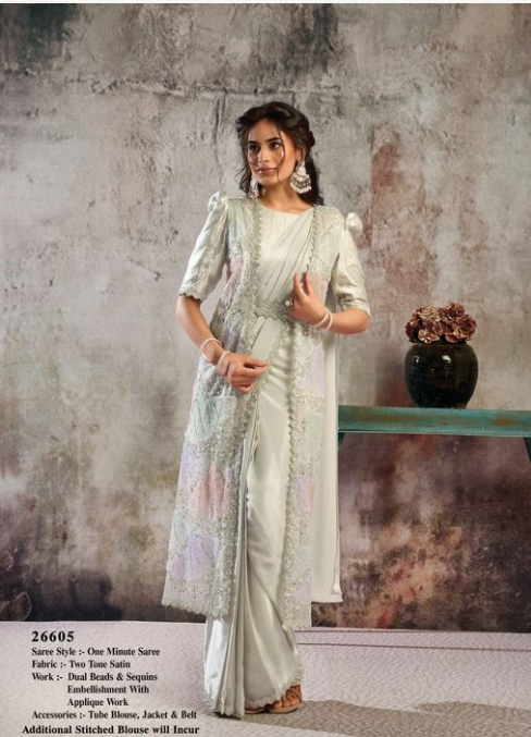 Tussar Two Tone Satin Saree | Dual Beads, Sequins & Applique Work with Blouse, Shrug & Belt