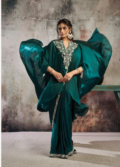 Peacock Green Two Tone Satin Saree | Metallic Sequins & Pearl Detailing with Tube Blouse, Poncho & Belt