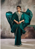 Peacock Green Two Tone Satin Saree | Metallic Sequins & Pearl Detailing with Tube Blouse, Poncho & Belt