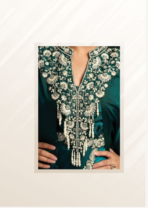 Peacock Green Two Tone Satin Saree | Metallic Sequins & Pearl Detailing with Tube Blouse, Poncho & Belt