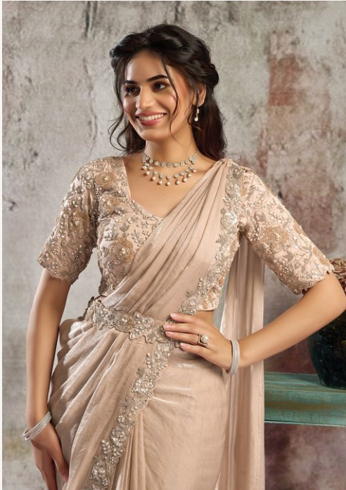 Peach Two Tone Glossy Satin Saree | Sequins Embroidery & Pearl Handwork with Blouse & Belt