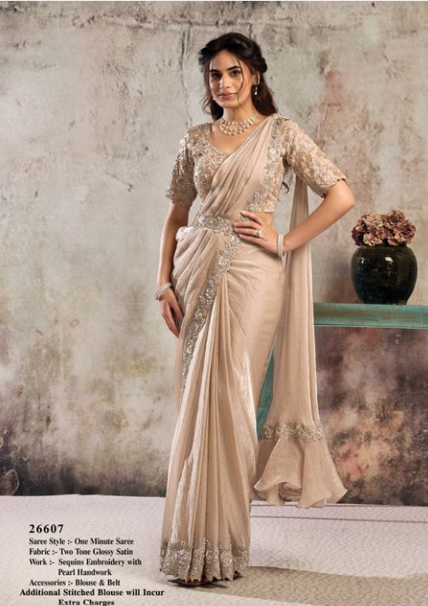 Peach Two Tone Glossy Satin Saree | Sequins Embroidery & Pearl Handwork with Blouse & Belt
