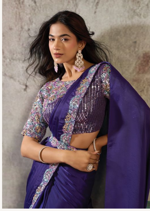 Purple Lustrous Satin Saree | Four Sequins & Dual Beads Embellishment with Blouse & Belt