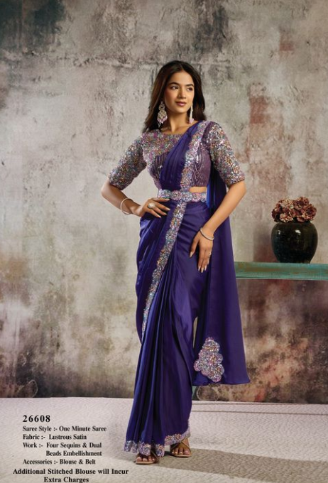 Purple Lustrous Satin Saree | Four Sequins & Dual Beads Embellishment with Blouse & Belt