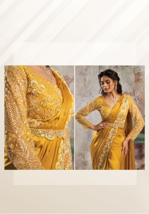 Mustard Lustrous Satin Saree | Silver Sequins & Dual Beads Embellishment with Blouse & Belt