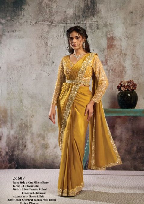 Mustard Lustrous Satin Saree | Silver Sequins & Dual Beads Embellishment with Blouse & Belt