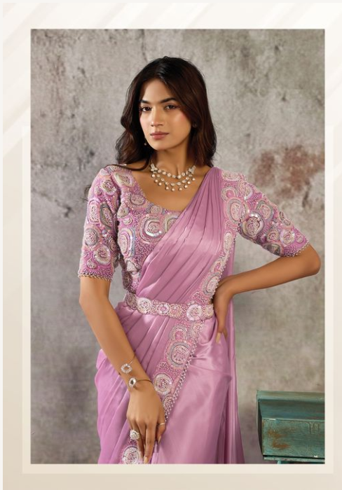 Pink Lustrous Satin Saree | Three Sequins & Multi Beads Detailing with Blouse & Belt