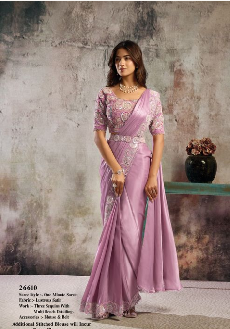 Pink Lustrous Satin Saree | Three Sequins & Multi Beads Detailing with Blouse & Belt