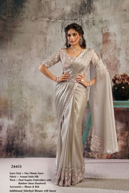 Tussar Armani Satin Silk Saree | Dual Sequins & Rainbow Stone Handwork with Blouse & Belt