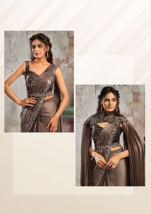 Coffee Lustrous Armani Satin Saree | Floral Motifs & Dual Beads Embellishment with Blouse, Cape & Belt