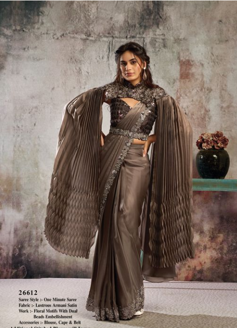Coffee Lustrous Armani Satin Saree | Floral Motifs & Dual Beads Embellishment with Blouse, Cape & Belt
