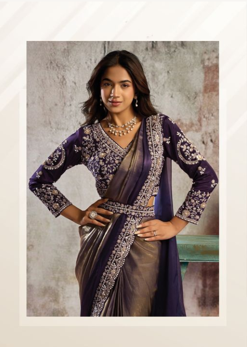 Golden Purple Metallic Gold Satin Saree | Pearl, Stone Handwork & Sequin Embellishment with Blouse & Belt