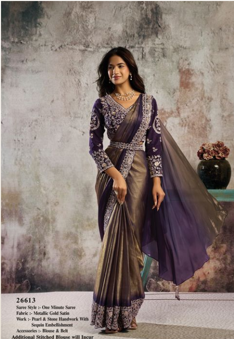 Golden Purple Metallic Gold Satin Saree | Pearl, Stone Handwork & Sequin Embellishment with Blouse & Belt