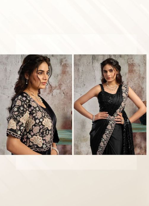 Black Lustrous Satin Saree | Floral Applique, Stone Handwork & Sequins Embroidery with Blouse, Jacket & Belt