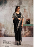 Black Lustrous Satin Saree | Floral Applique, Stone Handwork & Sequins Embroidery with Blouse, Jacket & Belt