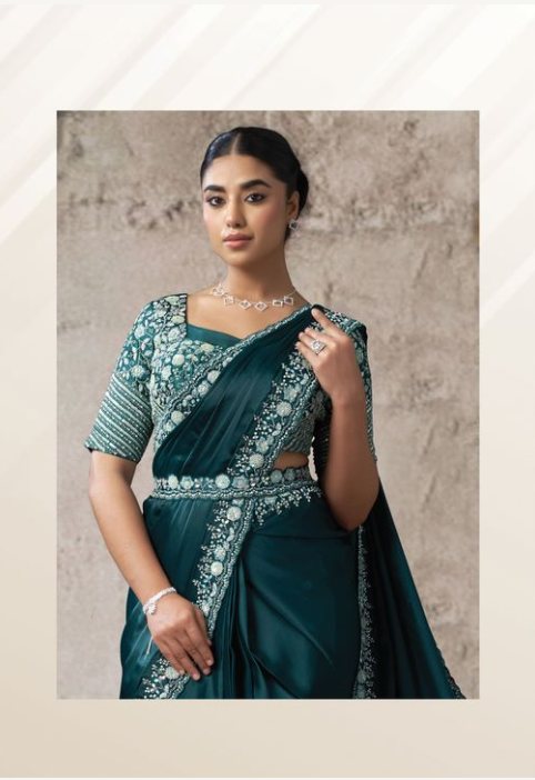 Teal Crepe Satin Silk Saree | Sequins & Pure Handwork with Blouse & Belt