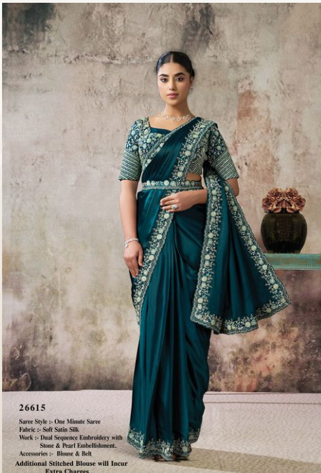 Teal Crepe Satin Silk Saree | Sequins & Pure Handwork with Blouse & Belt