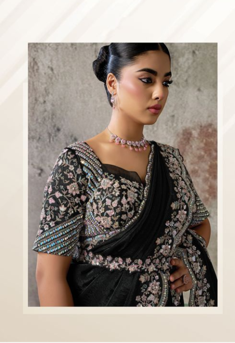 Black Two Tone Satin Silk Saree | Sequence & Hand Work with Blouse & Belt