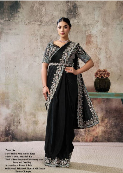 Black Two Tone Satin Silk Saree | Sequence & Hand Work with Blouse & Belt