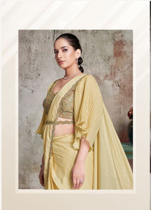Yellow Crepe Satin Silk Saree | Sequins & Beads Aari Work with Blouse & Belt
