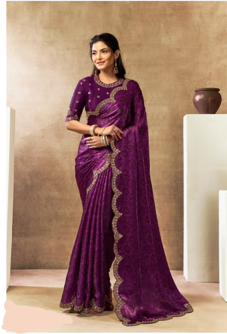 Wine Two Tone Satin Silk Saree | Dual Sequins Embroidery & Pearl Handwork with Bandhani Digital Print