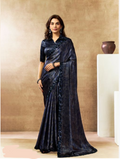 Dark Blue Two Tone Satin Silk Saree | Dual Sequins Embroidery with Abstract Digital Print