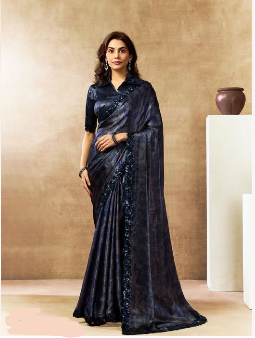 Dark Blue Two Tone Satin Silk Saree | Dual Sequins Embroidery with Abstract Digital Print