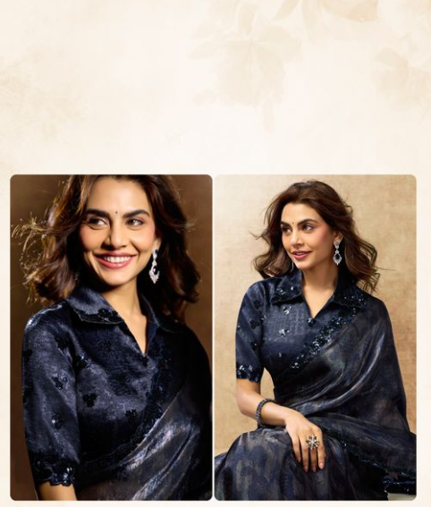 Dark Blue Two Tone Satin Silk Saree | Dual Sequins Embroidery with Abstract Digital Print