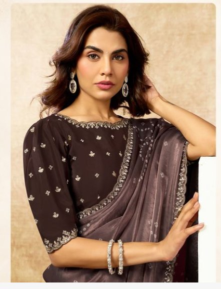 Coffee Two Tone Satin Silk Saree | Petal Sequins, Pearl & Stone Handwork with Bandhani Digital Print