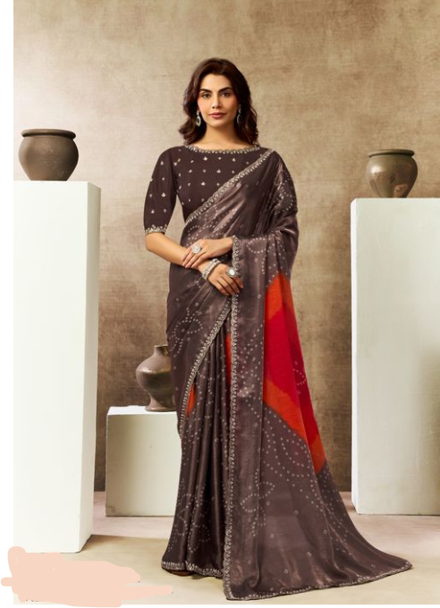 Coffee Two Tone Satin Silk Saree | Petal Sequins, Pearl & Stone Handwork with Bandhani Digital Print