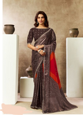 Coffee Two Tone Satin Silk Saree | Petal Sequins, Pearl & Stone Handwork with Bandhani Digital Print