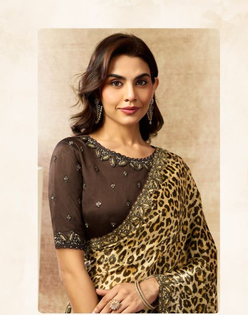 Cream Two Tone Satin Silk Saree | Dual Sequins, Embroidery & Stone Work with Leopard Digital Print