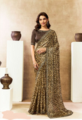 Cream Two Tone Satin Silk Saree | Dual Sequins, Embroidery & Stone Work with Leopard Digital Print