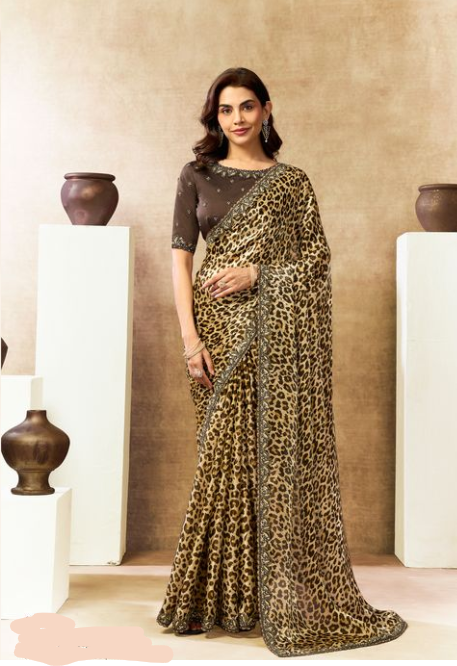 Cream Two Tone Satin Silk Saree | Dual Sequins, Embroidery & Stone Work with Leopard Digital Print
