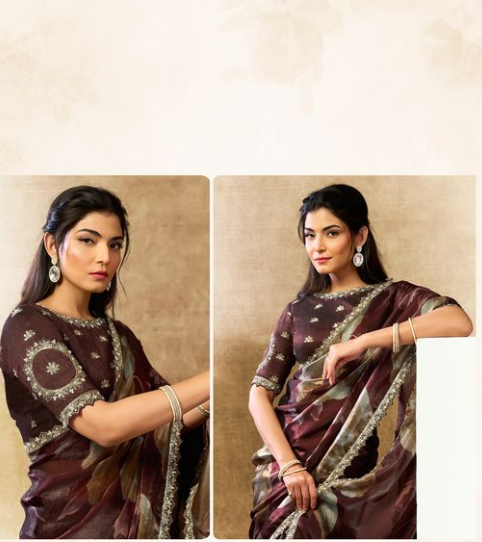 Coffee Two Tone Satin Silk Saree | Sequins, Embroidery & Pearl Handwork with Floral Digital Print