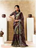Coffee Two Tone Satin Silk Saree | Sequins, Embroidery & Pearl Handwork with Floral Digital Print