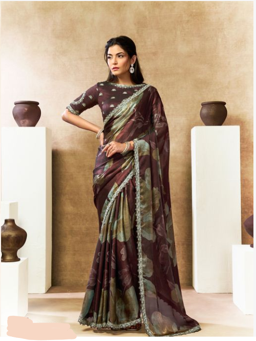 Coffee Two Tone Satin Silk Saree | Sequins, Embroidery & Pearl Handwork with Floral Digital Print