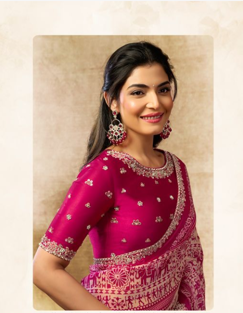 Rani Two Tone Satin Silk Saree | Multi Thread Sequins, Embroidery, Pearl & Stone Work with Warli Digital Print