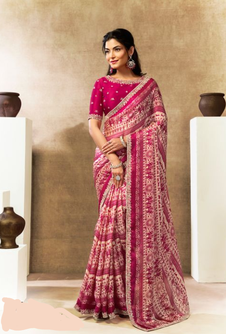 Rani Two Tone Satin Silk Saree | Multi Thread Sequins, Embroidery, Pearl & Stone Work with Warli Digital Print