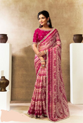 Rani Two Tone Satin Silk Saree | Multi Thread Sequins, Embroidery, Pearl & Stone Work with Warli Digital Print